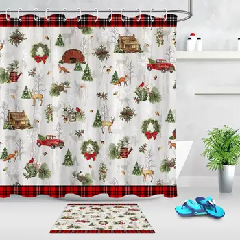 

Christmas Shower Curtain Farmhouse Barn Elk Wreath Red Truck Cartoon Shower Curtain Set Waterproof Home Bathroom Decor Curtains