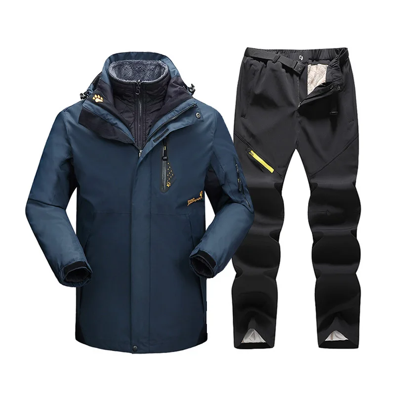 Dark blue Black 30 °C Зимний лыжный костюм для мужчин, Супер Теплая Лыжная куртка и зимние штаны, уличная водонепроницаемая ветрозащитная Лыжная и Сноубордическая куртка, наборы - Цвет: Dark blue Black