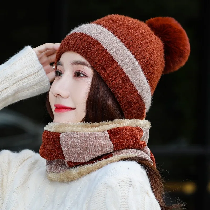 Осенне-зимняя женская шляпа шарф Симпатичный плюшевый толстый теплый колье шапка вязаные шерстяные шапочки шарф женская шапка воротник шарф набор