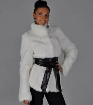 

New Fashion Women Winter Mink Fur Coat Faux Mink Fur Jacket Leather Belt Outwear White Parka Jacket Outdoor Warm