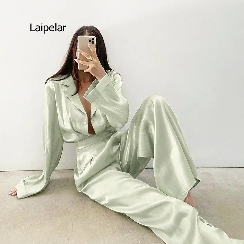 Green Vintage Two Piece Sets Women Autumn Sets of Elegant Woman Long Sleeve Top and High Waist Pants 2 Piece Set Female