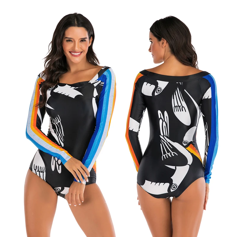 С длинным рукавом Плавание одежда пикантные Одна деталь Плавание костюм Для женщин с цветочным принтом для купания, сёрфинга в стиле ретро купальник монокини Maillot De Bain Плавание костюмы