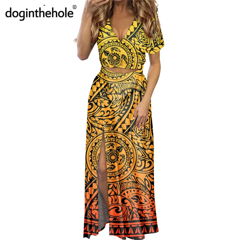 

Doginthehole Women's Fashion Outfits Side Slit Maxi Dress Samoa Tribal Pattern 2 Pieces Set V-Neck Summer Holidays Beachwear