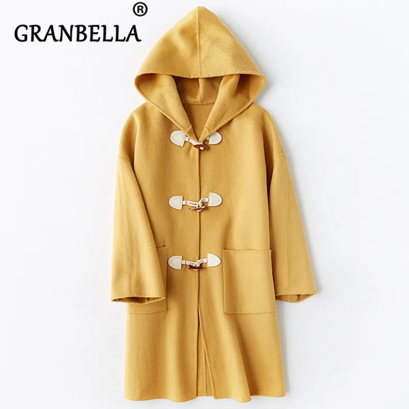 

2019 Elegant Loose Women Cashmere Coat Casual Winter Solid Color Wool Blend Coat Hooded Sweety Horn Button Female Warm Coat