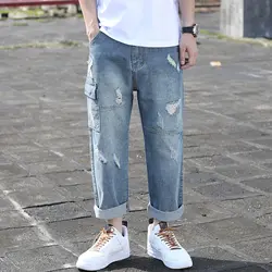 Осенние джинсы мужские дырявые модные однотонные повседневные Прямые джинсы для мужчин Уличная дикая хип хоп свободные джинсы