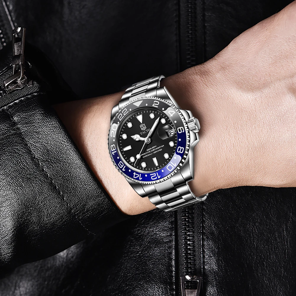 2021 TACTO Mens Watches Top Brand Luxury Gmt-Driver Sports Watches Black Steel Case Rotated Male Wrist Watch Relogios Masculinos