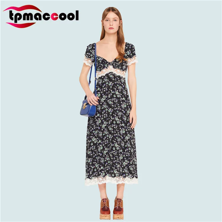 

Tpmaccool luxury designer 2020 summer Celebrity Inspired Short Sleeve Floral Stitching Lace Midi High Waist Chiffon Dress S-L