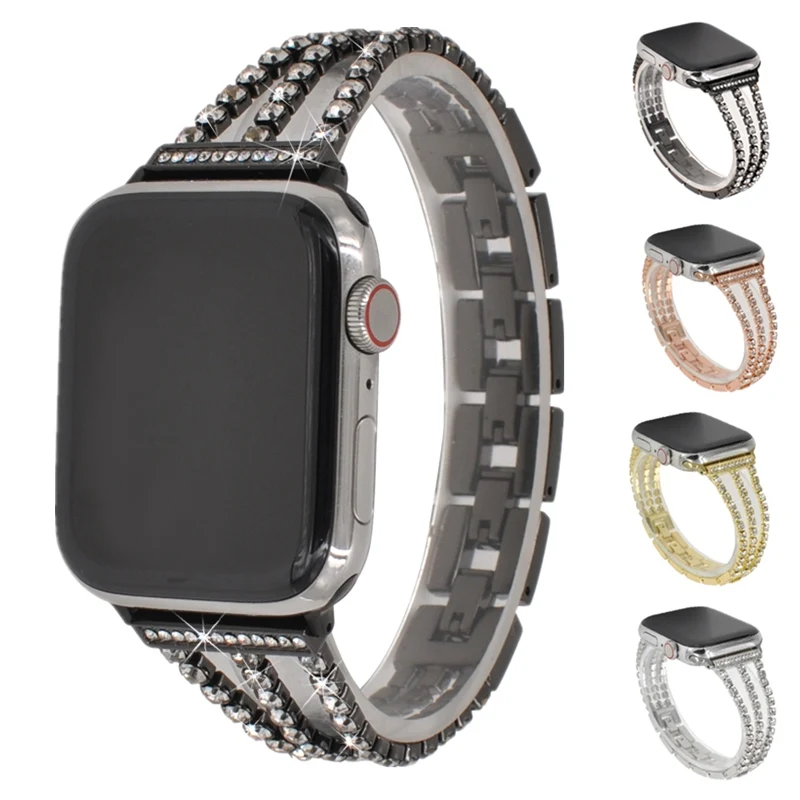 

Diamond Metal Bracelet Wrist Band for Apple Watch Series 4 3 2 1 Stainless Steel Strap for iwatch 40/44/38/42mm Detachable Clasp