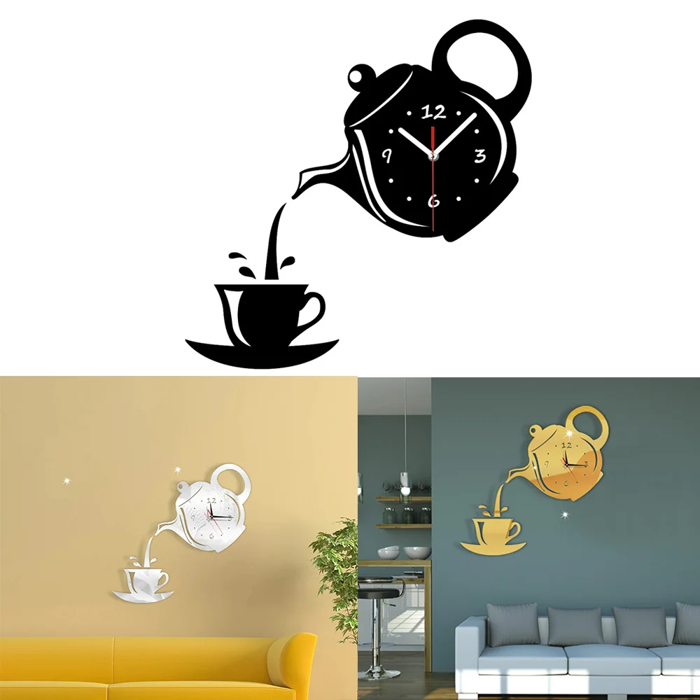 3D настенные часы креативные DIY кофейная чашка из акрила чайник декоративные кухонные настенные часы гостиной столовой дома декоративные часы - Цвет: Gold