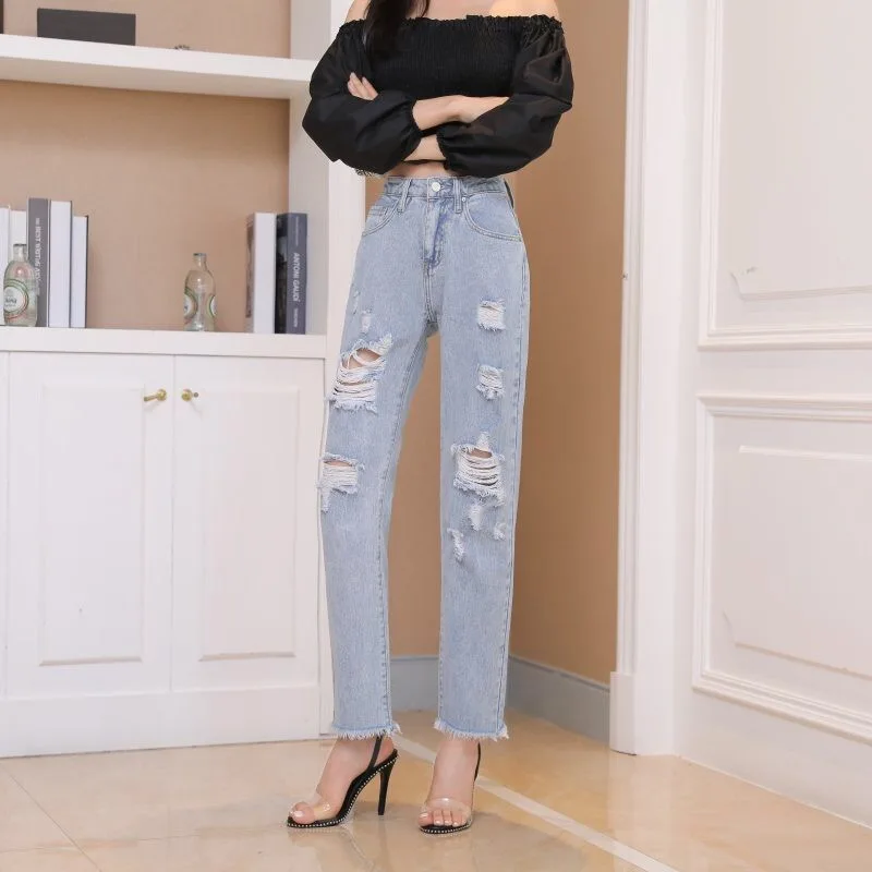

Newest Boyfriend Jeans for Women Stretch Ripped Distressed Skinny High Waist Denim Pants Shredded Jeans Trousers Denim Jeans