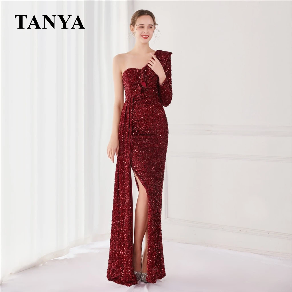 green evening gown Burgundy Sequins Mermaid Evening Dresses Sexy One Shoulder Side Split Formal Floor Length Vestido De Fiesta Prom Gown YSAN1424 formal evening gowns