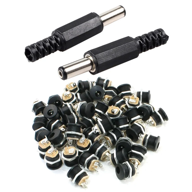 AAAE Top-100 Pcs 5.5X2.1Mm DC Power Plug: 50 Pcs Male Solder Barrel Tip Plug Jack Straight Connectors with 50 Pcs DC-022 Hole T