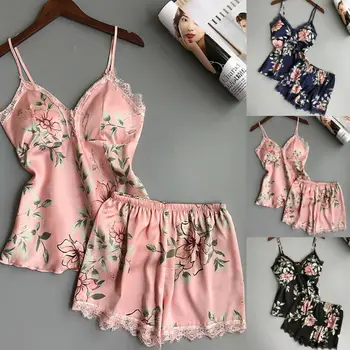 

2019 Newest Hot Sexy Women Lace Silk Satin Pajamas Sets Design Floral Print V-neck Suspenders Pajamas Sets
