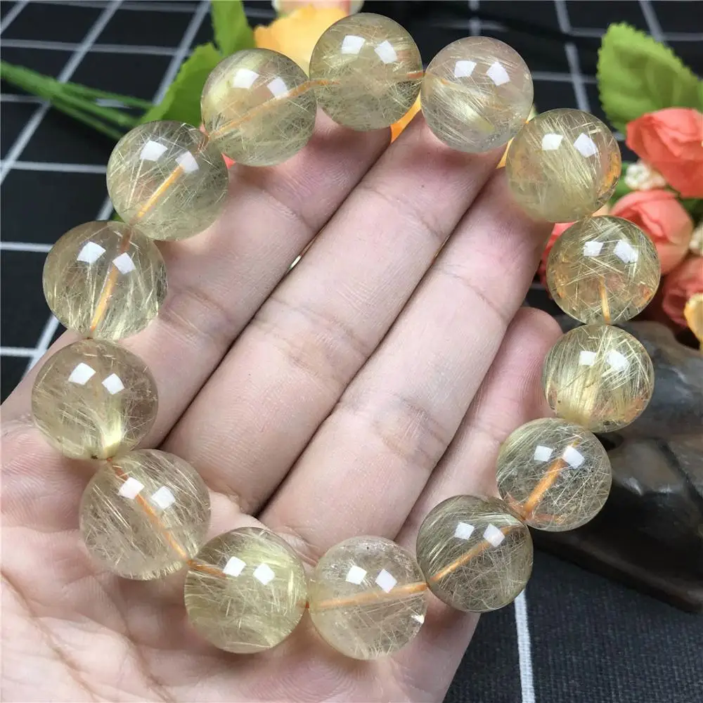 

Certificate 16mm Natural Gold Rutilated Bracelet For Women Men Brazil Crystal Stretch Wealthy Round Beads Stone Jewelry AAAAAA