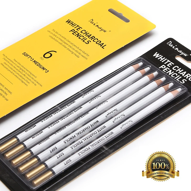 Dainayw White Charcoal Pencils Drawing Set, 6 Pcs Smooth Soft