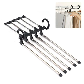 

5-In-1 Stainless Steel Multifunction Retractable Pants Rack Trouser Hanger Clothing Dry Shelf Organizer Coat Rack For Pants Ties