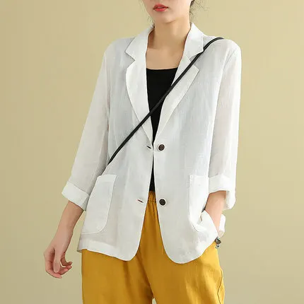 

2020 Spring Summer New Linen Blazer Woman Solid Color Notched Collar Long Sleeve Vintage Casual Loose Women Blazers and Jackets