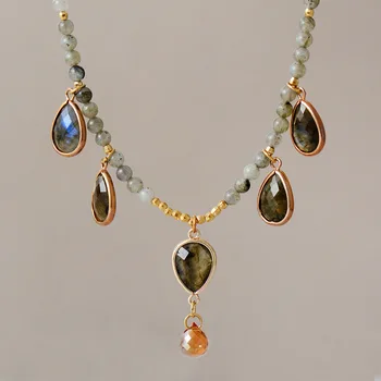 Latest Natural Stones Labradorite Teardrop Pendant Necklace Women Exquisite Gemstones Charm Beaded Choker Necklace OL Jewelry