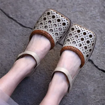 

Artmu Original Square Toe Sandals Shoes Low Heel For Women Hollow-out Genuine Leather Handmade Straight-Line Buckle New Style