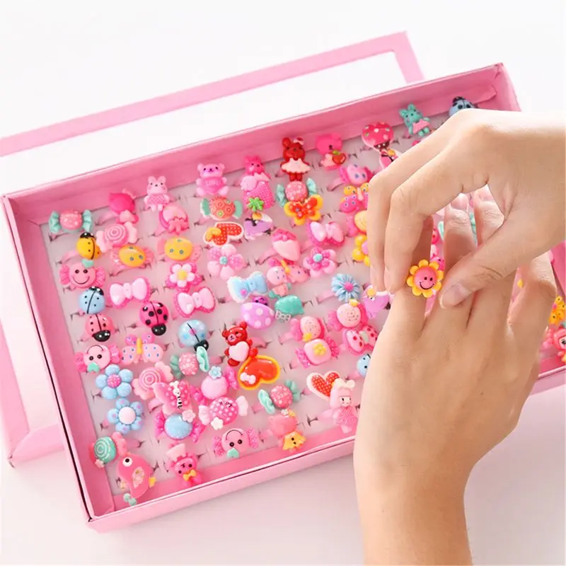 10 unids/lote de anillos de dibujos animados para niños, juego de anillos con forma de lazo de flores y animales, mezcla de joyas para el dedo, juguetes para niñas