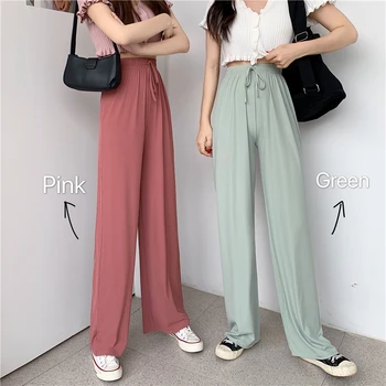 

High Waist Ice Silk Wide Leg Pants Women For Summer Thin Loose Trousers Women Casual Straight Korean Knitted Floor Pants Women