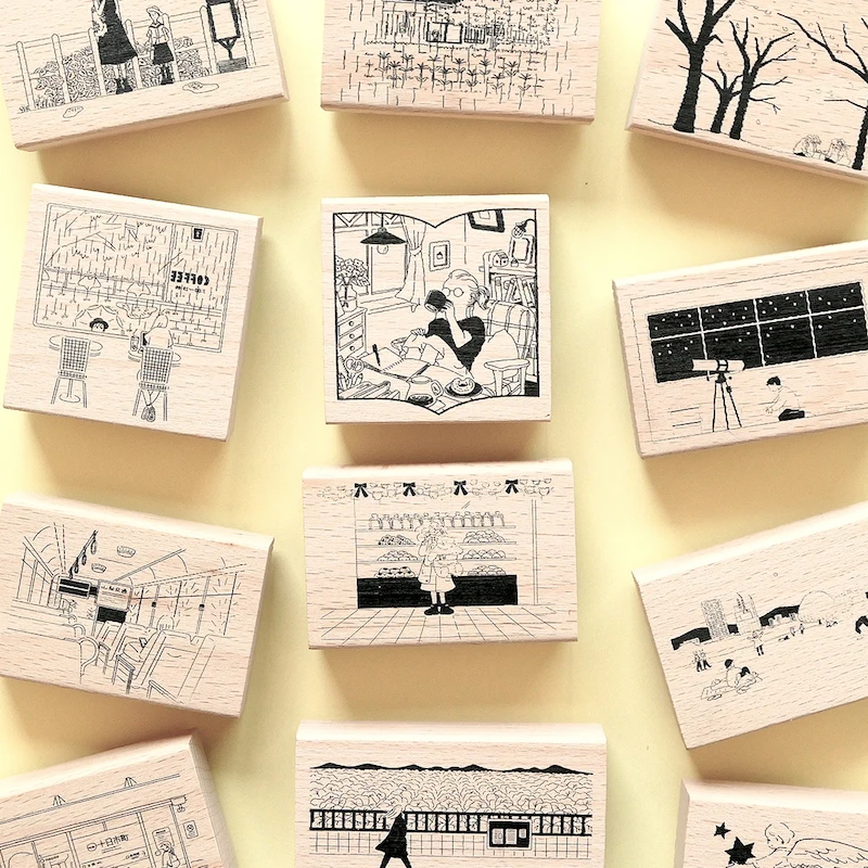 9 Wooden Stamps Tea Time Telescope Picnic Bus Station Journaling Scrapbooking Cute Kawaii