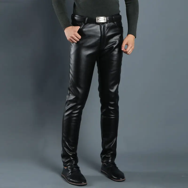 Leather Pants Mens Skinny Pants Elastic Spring Autumn Fall Fleece Thickened Youth Man Leather Motorcycle Pants Male Pencil Pants