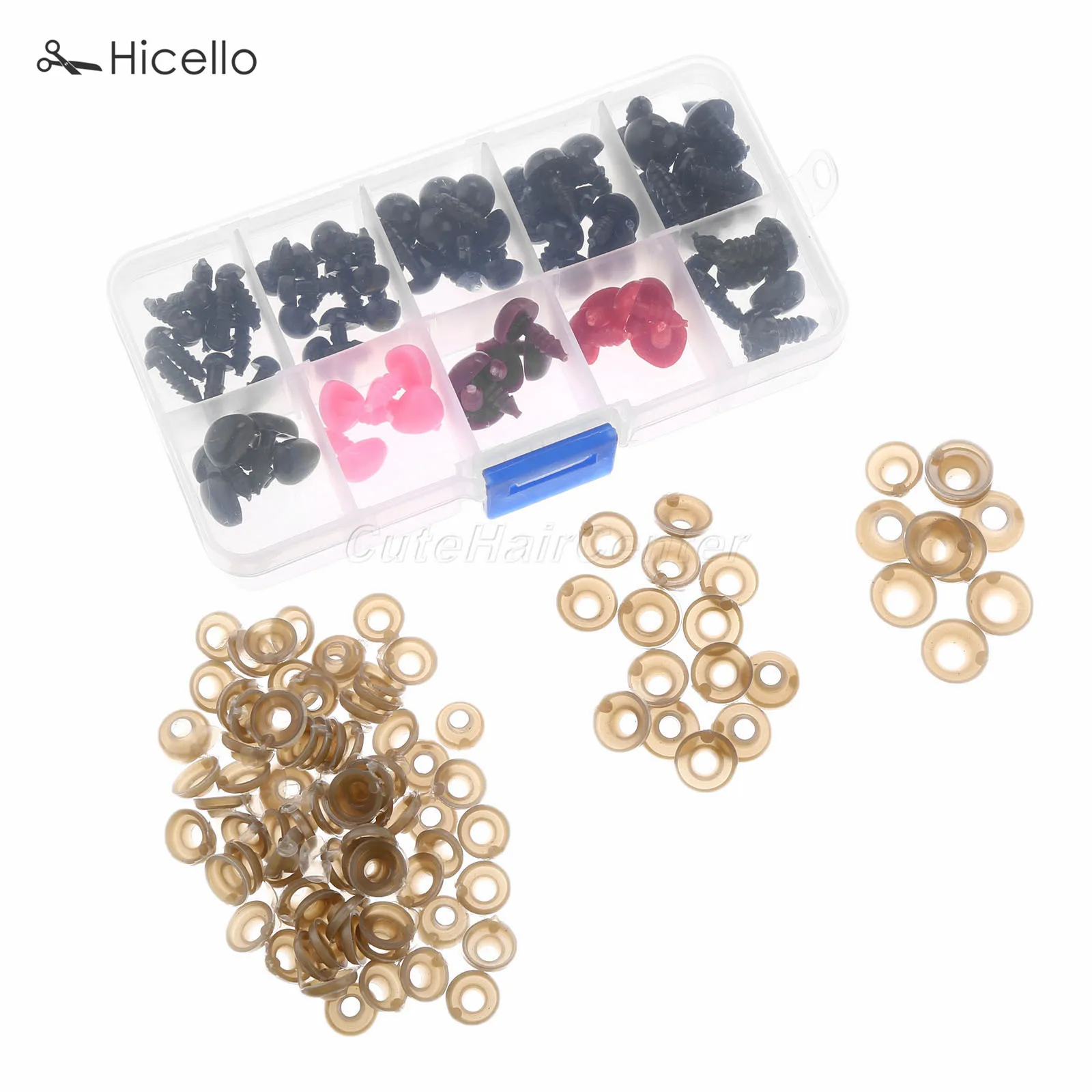 75PCS/box Eyes+Nose 6/8/9/10/12 MM plastic Safety eyes tri-angle nose thread end washer buckle DIY doll toy Sewing sets Hicello