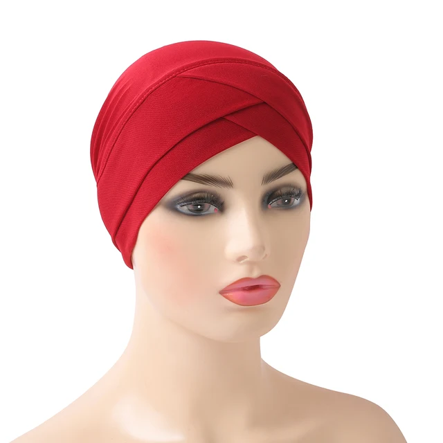 H117 High Quality Criss Cross Muslim Hijab Inner Hat Underscarf Pull On Islamic Scarf Turban Caps Full Headcover Women Headwrap maroon