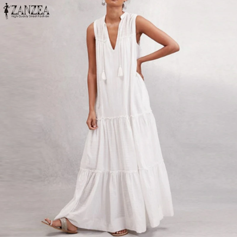 

2019 Summer Solid Ruffled Dress ZANZEA Women Sleeveless Beach Sundress Elegant V Neck Party Long Maxi Vestidos Femme Sarafans