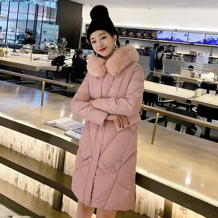 Pink Зимнее женское хлопковое пальто, новое хлопковое пальто с меховым воротником, Длинная утепленная одежда, теплая куртка с капюшоном YH638 - Цвет: Pink