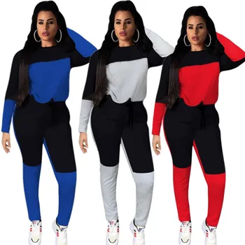 

Two Piece Sets Women's Tracksuits 2020 Autumn Winter Patchwork Hooded Sweatshirts and Pants Sets Sporty Suits Pockets Sweatsuits