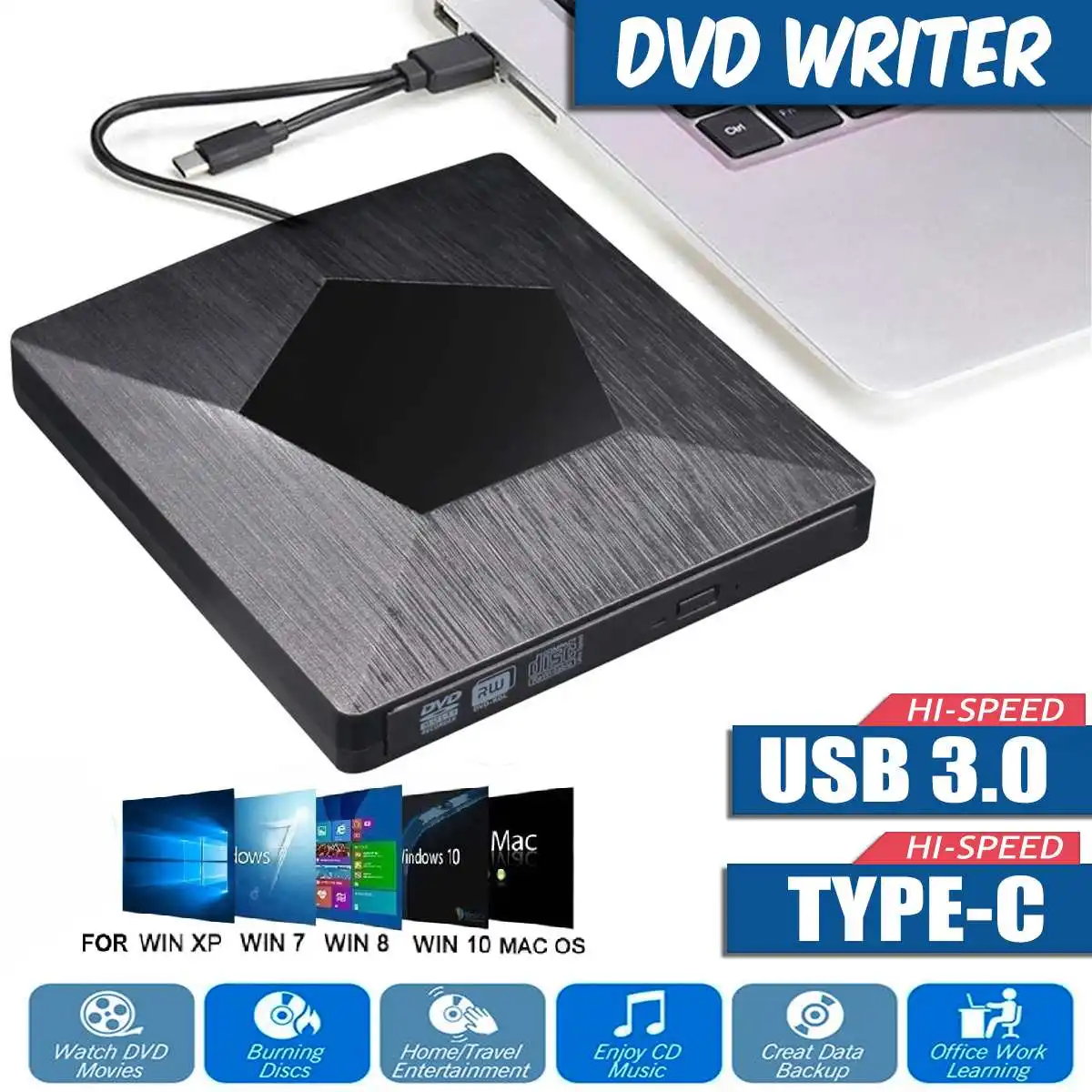 

USB 3.0/Type-C External Optical Drive Case for Mac Laptop Optical Drive Enclosure Slim External DVD RW CD Writer Player Burner