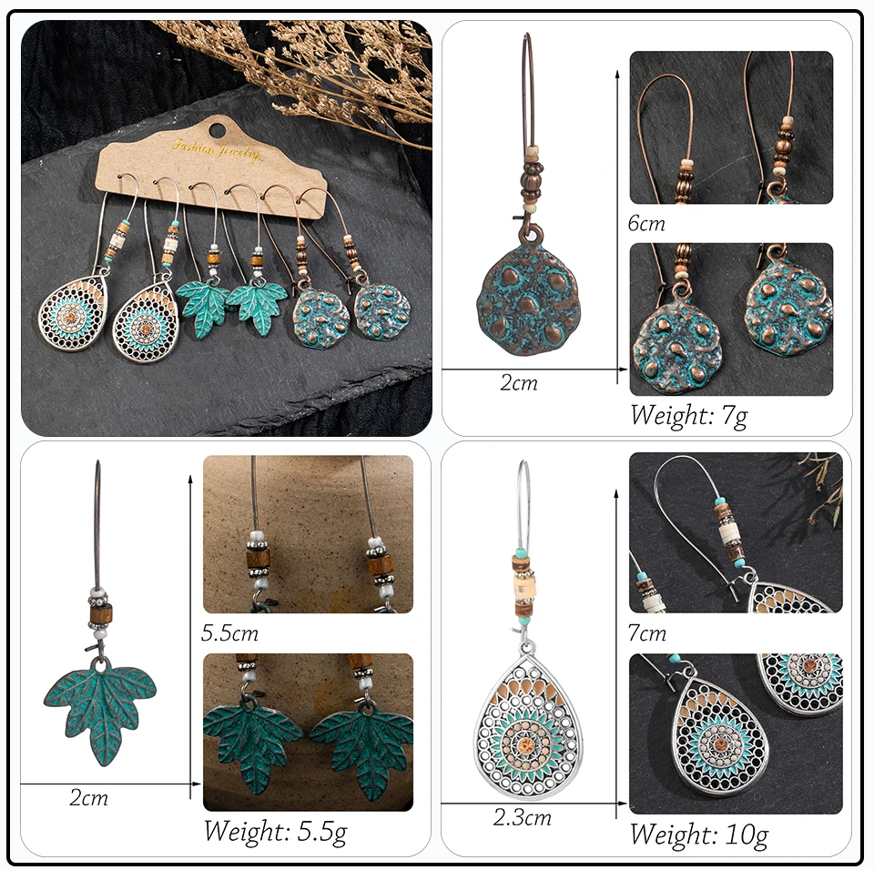 Vintage Big Flower Leaf Earring Set Female Statement Jewelry Ethnic Bohemia Long Bronze Handing Dangling Drop Earrings for Women (2)
