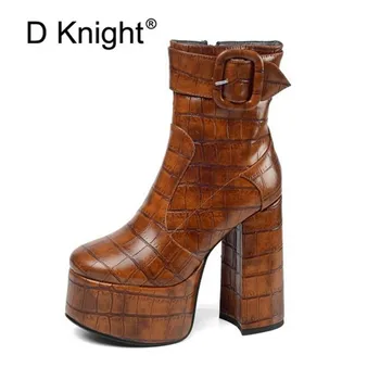 

Plus Size 34-43 Women Platform Ankle Boots Autumn Winter 14cm Thick High Heels Women Motorcycle Boots Stone Pattern Ladies Shoes