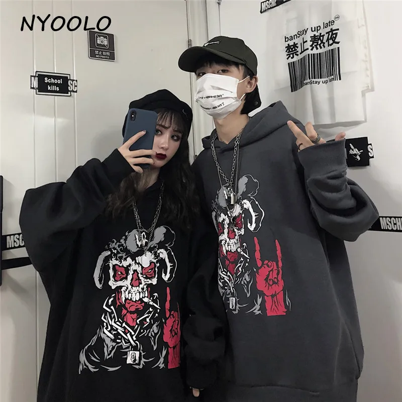 NYOOLO, Осень-зима, уличные, забавные, с принтом черепа, плотные, теплые толстовки, повседневные, свободные, плюс бархат, с капюшоном, пуловер, Толстовка для женщин и мужчин