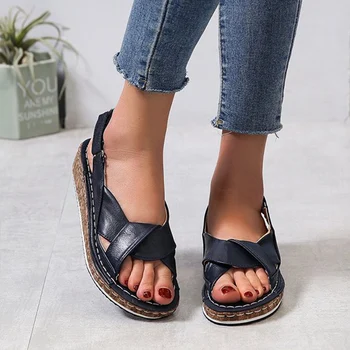 

Women Summer Sandals 2020 Woman Sewing Peep Toe Leather Comfortable Platform Ladies Wedges Footwear Female Beach Shoes Plus Size