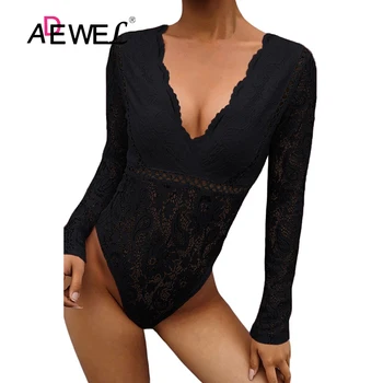 

ADEWEL Sexy Black Deep V Neck See Through Skinny Lace Bodysuit Push Up One piece Long sleeve body mujer women jumpsuit XL