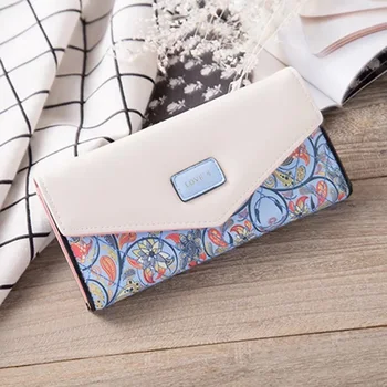 

Womens long wallet Ladies Envelope Leather Wallet woman fashion floral Card holder Button Clutch Purse Long Hand Bag girls lady