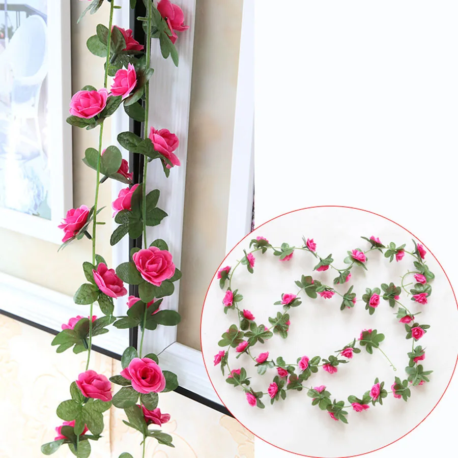 rose red 250 см искусственная лоза цветок Шелковая Роза с пластиковыми зелеными листьями искусственный цветок ветка розы свадебная настенная гирлянда для развешивания украшения - Цвет: rose red