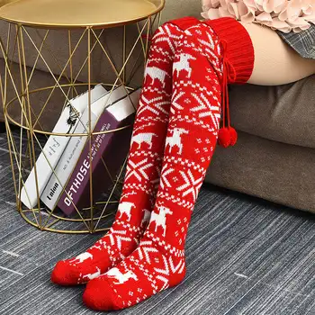 

Women Knitted Socks Over-knee Christmas Pile Pile with Fur Ball Decoration Keep Warm Winter Clothing Accessories