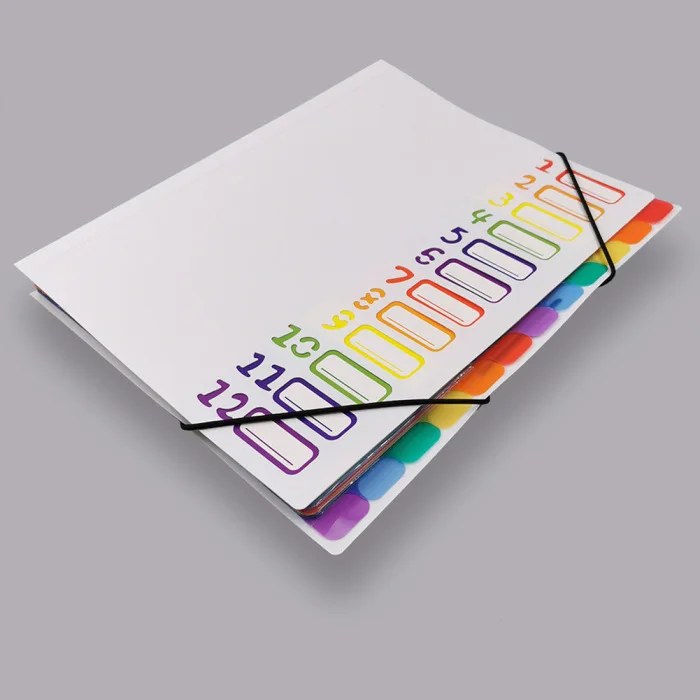 High Quality A4 12 Pages File Folders Rainbow Document Holder Organizer with Slash Pockets PP Material VE