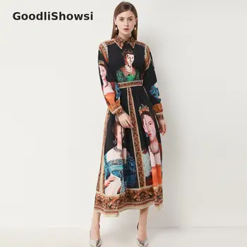 

GoodliShowsi Western Style Retro Long Maxi Dress Character Print Turn-down Collar Long Sleeve Women's Shirt Dress