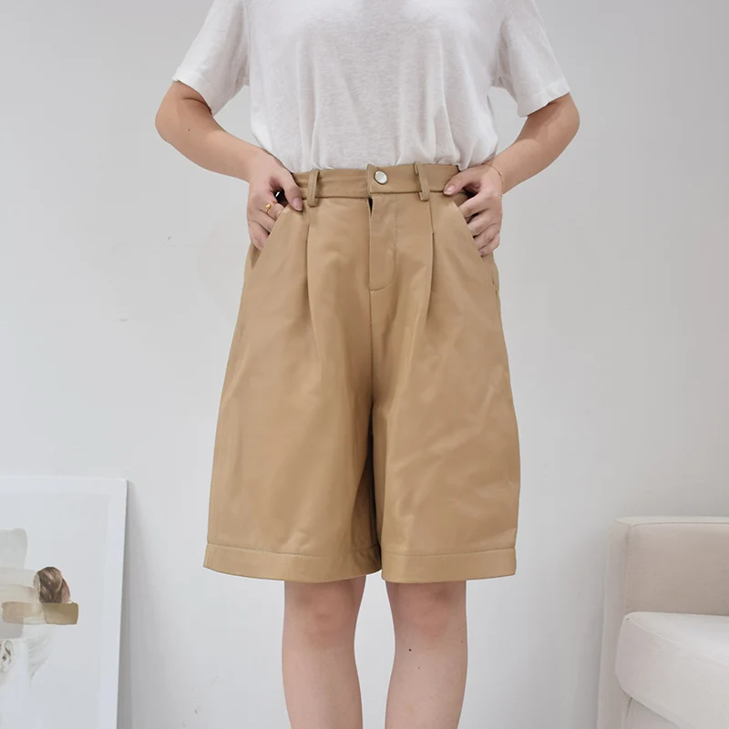 

Genuine Leather Shorts Women High Waist 2023 New Fashion Autum Winter Elastic Waist Wide Leg Sheepskin Leather Trousers Female