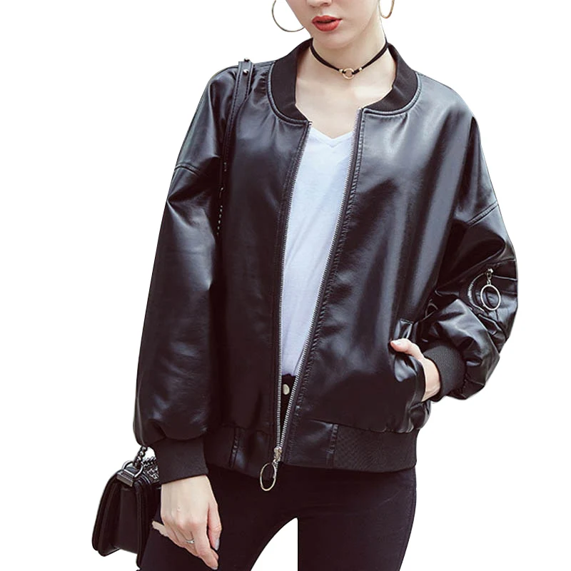 

NORMOV New Woman Spring And Autumn Jackets Baseball Clothes O-Neck Leather England Style Loose Long Sleeve Short Jackets Coat