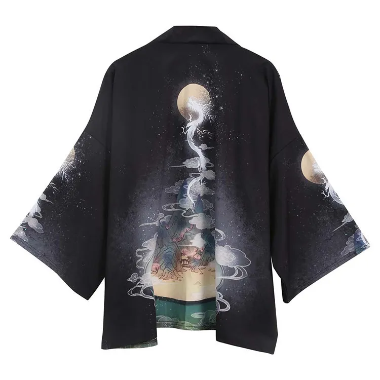 

Summer New Japanese Ukiyo-e Retro Kimono Dragon Haori Robe Print Cardigan Three Quarter Men And Women Loose Outcoat Samurai