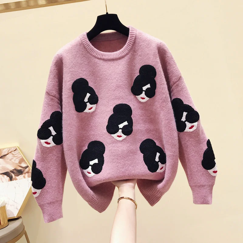 pink pullover Pull Femme,, зима-осень, большой размер, вязаный свитер для женщин, рукав-фонарик, вышивка, рисунок из мультфильма, плотные пуловеры, джемпер - Цвет: pink pullover