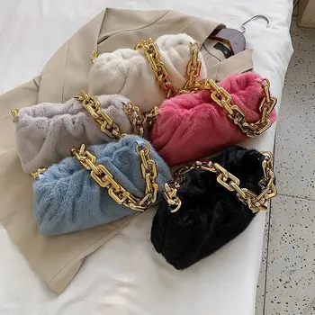 

New Female Solid Color Velvet Thick Acrylic Chain Warm Winner Fashion Cloud Handbag Underarm Purse Women Dumpling Shoulder Bag