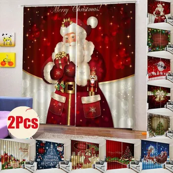 

Fast Shipping New 2pcs 3D Blackout Curtain Christmas Decoration For Home Livingroom Bedroom Old Santa Claus Christmas Tree