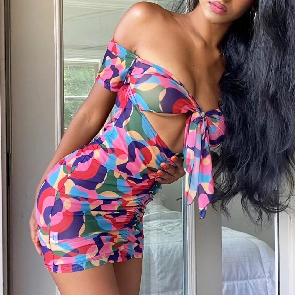 

SKMY 2021 Summer New Sexy Dress Women Wrapped Chest Bandage Hollow Out Fashion Printed Bodycon Short Dresses Party Clubwear